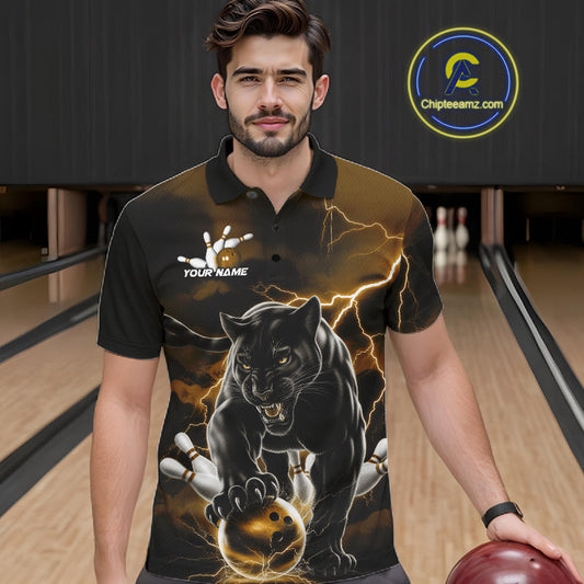 Yellow Thunder Lightning Custom Panther Men Bowling Polo Shirts, Panther Bowling Jerseys IPHW10792