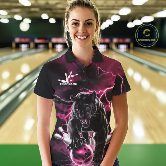 Pink Thunder Lightning Custom Panther Women Bowling Polo Shirts, Panther Bowling Jerseys IPHW10794