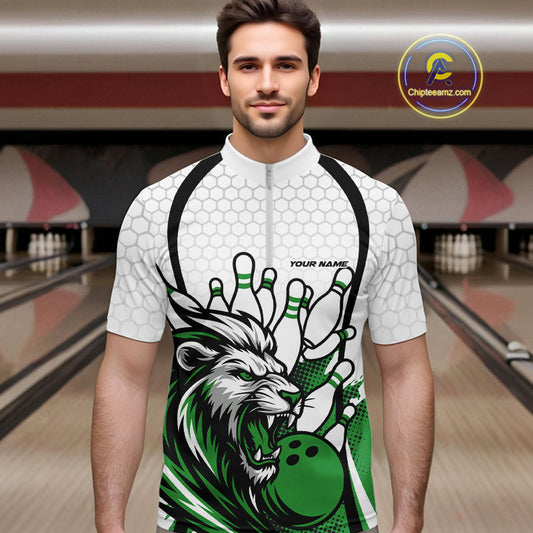 Custom Green Lion Bowling Men Quarter-Zip Shirt, Lion Bowling Team League Shirt IPHW10127
