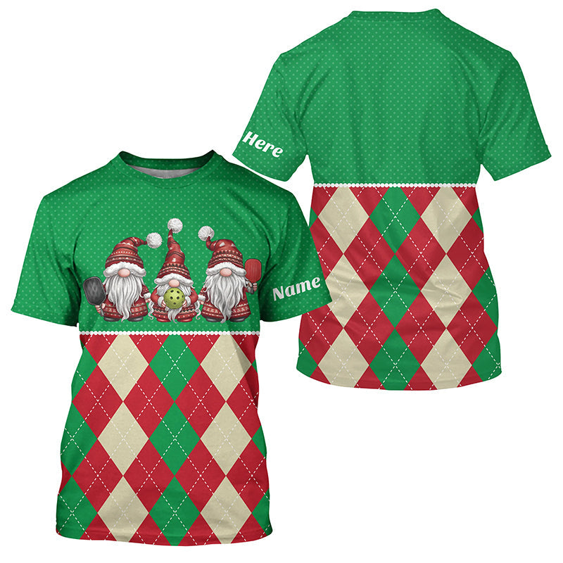 Green And Red Argyle Pattern Custom Christmas Gnomies Pickleball T-Shirts For Men, Christmas Pickleball Gift IPHW7754