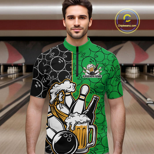 Custom Black And Green Retro Bowling Beer Team Shirts For Men, Bowling Pattern Jerseys IPHW10539