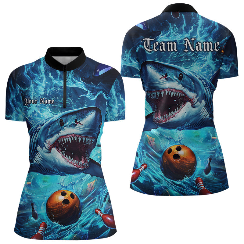 Custom Shark Team Bowling Quarter-Zip Shirts For Women, Shark Bowling Team Outfits IPHW8007