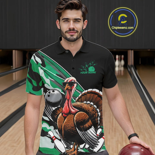 Custom Green Camo Funny Turkey Bowling Team Shirt For Men, Turkey Bowling Jerseys IPHW10551
