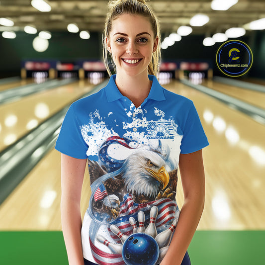 Custom Patriotic US Flag Eagle Bowling Women Shirt, USA Bowling Team League Shirt IPHW10164