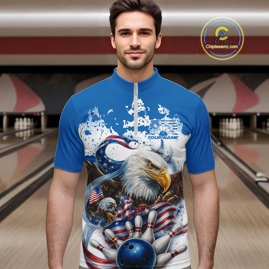 Custom Patriotic US Flag Eagle Bowling Men Shirt, USA Bowling Team League Shirt IPHW10164