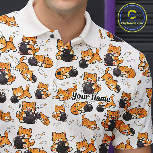 Custom Cute Ginger Tabby Cat Bowling Men Polo Shirts, Cat Bowling Team Shirt IPHW10303