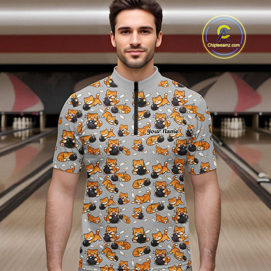 Custom Cute Ginger Tabby Cat Bowling Men Quarter-Zip Shirts, Cat Bowling Team Shirt IPHW10304