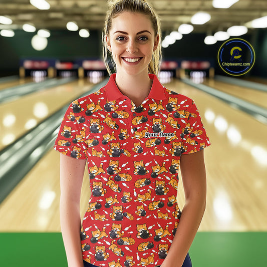 Custom Cute Ginger Tabby Cat Bowling Women Polo Shirts, Cat Bowling Team Shirt IPHW10305