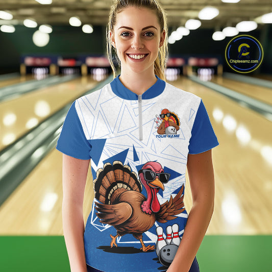 White And Blue Custom Funny Turkey Bowling Women Shirt, Bowling League Team Shirt IPHW10805