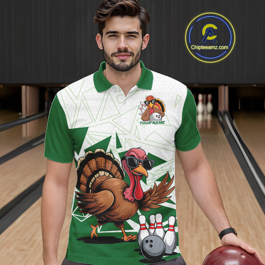 White And Green Custom Funny Turkey Bowling Men Shirt, Bowling League Team Shirt IPHW10808