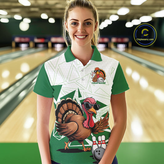 White And Green Custom Funny Turkey Bowling Women Shirt, Bowling League Team Shirt IPHW10808
