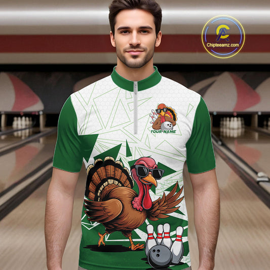 White And Green Custom Funny Turkey Bowling Men Shirt, Bowling League Team Shirt IPHW10808