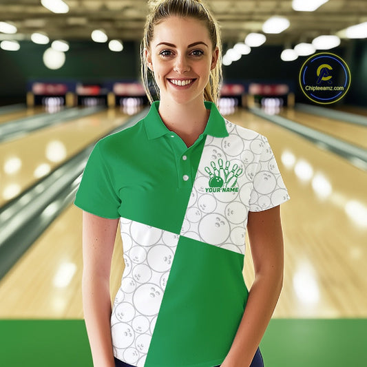 Custom White And Green Retro Style Bowling Team Shirts For Women, Bowling Jerseys IPHW10604
