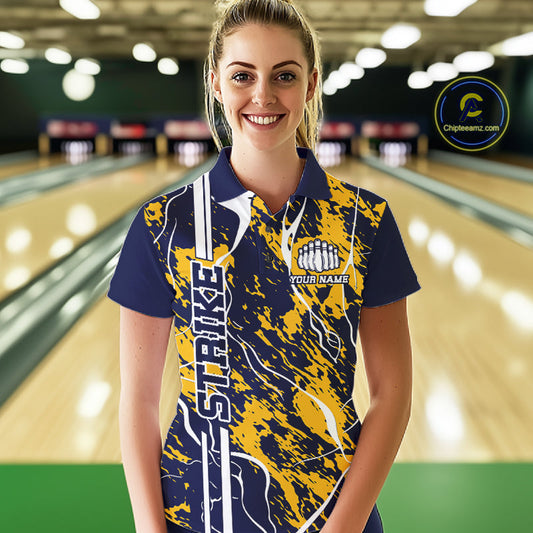 Custom Navy Blue And Yellow Camo Strike Bowling Shirt, Women Bowling League Team Jerseys IPHW10613