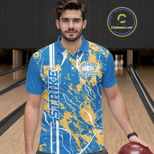 Custom Azure Blue And Yellow Camo Strike Bowling Shirt, Men Bowling League Team Jerseys IPHW10615