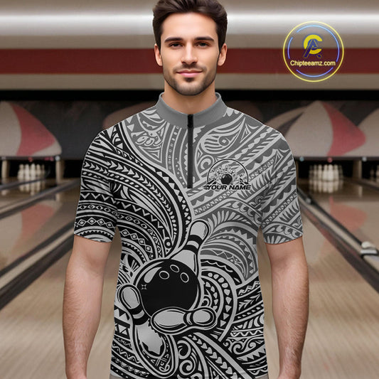 Custom Black And Gray Traditional Samoan Tribal Polynesian Pattern Bowling Men Shirt IPHW10324