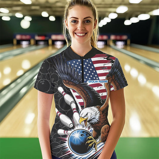 Custom American Flag Eagle Bowling Team Women Quarter-Zip Shirts, US Bowling League Shirt IPHW8752