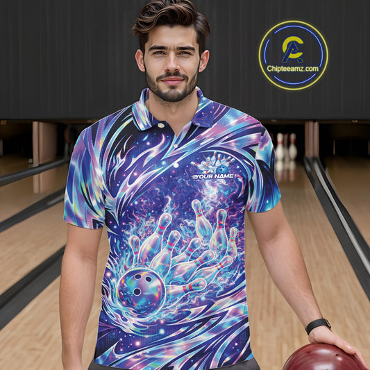 Male model wearing a bowling polo in a bowling alley with galaxy-inspired bowling strike artwork and pins.