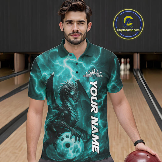 Custom Turquoise Blue Thunder Lightning Bowling Team Men Polo Shirt, Bowling Jerseys IPHW10196