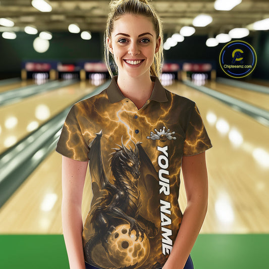 Custom Yellow Thunder Lightning Bowling Team Women Polo Shirt, Dragon Bowling Jerseys IPHW10198