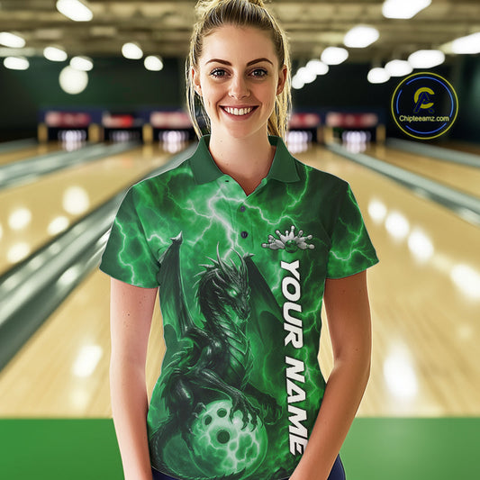 Custom Green Thunder Lightning Bowling Team Women Polo Shirt, Dragon Bowling Jerseys IPHW10199