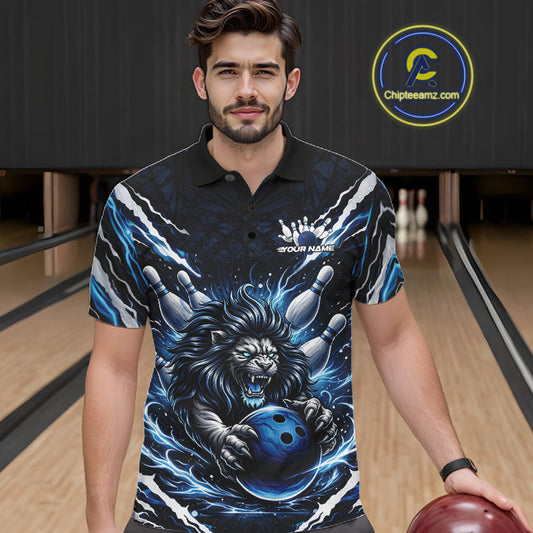 Custom Black And Blue Lion Bowling Jerseys, Lion Bowling Tournament Men Polo Shirt IPHW10352