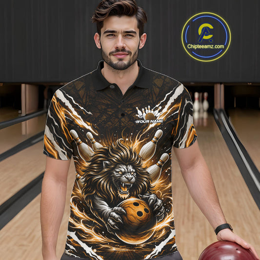 Custom Black And Gold Lion Bowling Jerseys, Lion Bowling Tournament Men Polo Shirt IPHW10354