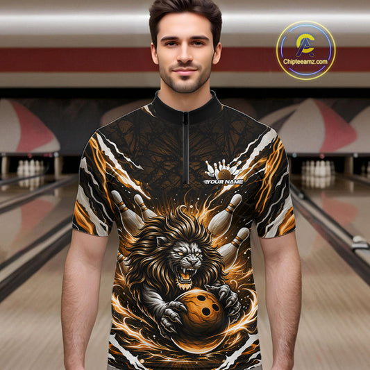 Custom Black And Gold Lion Bowling Jerseys, Lion Bowling Tournament Men Quarter-Zip Shirt IPHW10354