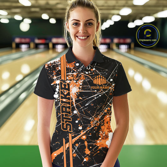 Custom Black And Orange Splatter Camo Strike Bowling League Shirts, Women Bowling Jerseys IPHW10650