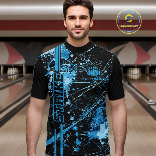Custom Black And Blue Splatter Camo Strike Bowling League Shirts, Men Bowling Jerseys IPHW10652