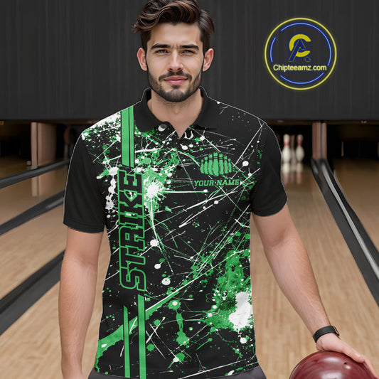 Custom Black And Green Splatter Camo Strike Bowling League Shirts, Men Bowling Jerseys IPHW10653
