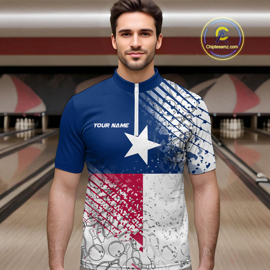 Custom Grunge Texas Flag Bowling Team Quarter-Zip Shirts For Men, Texas Bowling Tournament Shirt IPHW9633