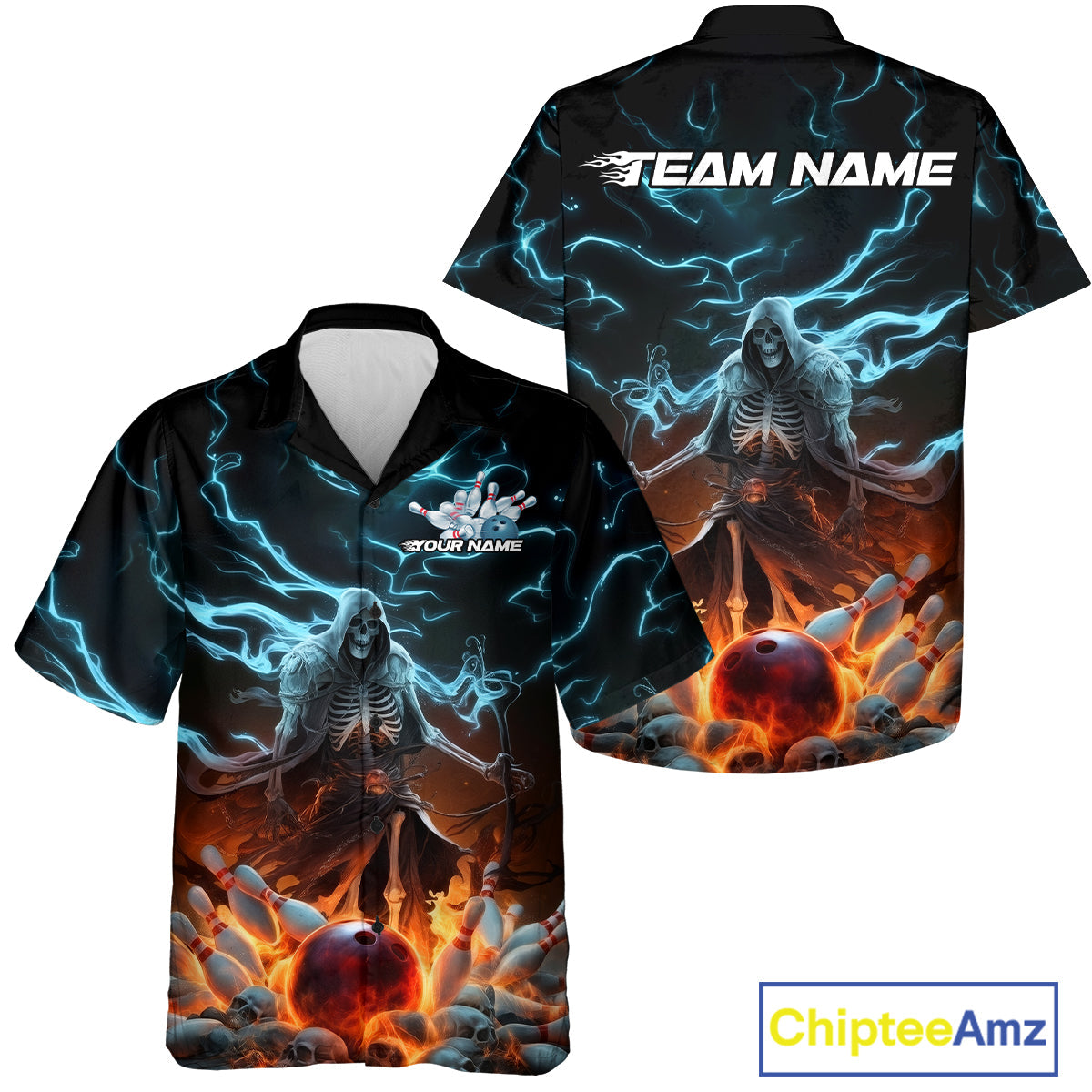 Custom Blue Lightning Grim Reaper Bowling Men And Women Hawaiian Shirt, Flame Halloween Outfit IPHW9899