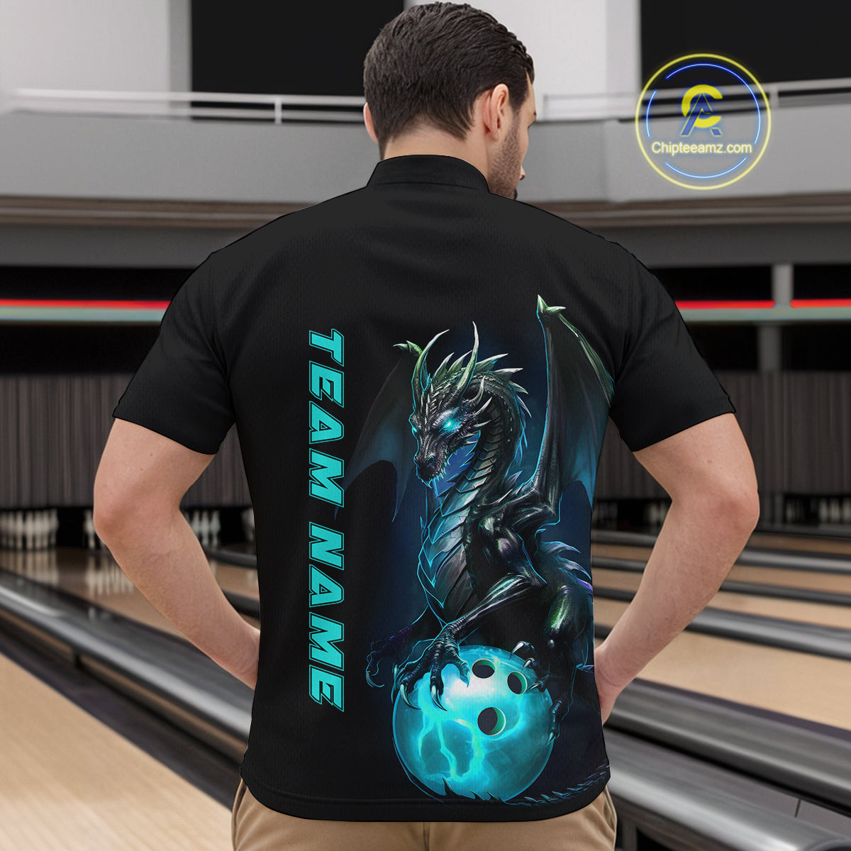 Custom Men Bowling Quarter Zip Shirts Blue Dragon Bowling Team Jerseys Bowling League Shirts IPHW5351