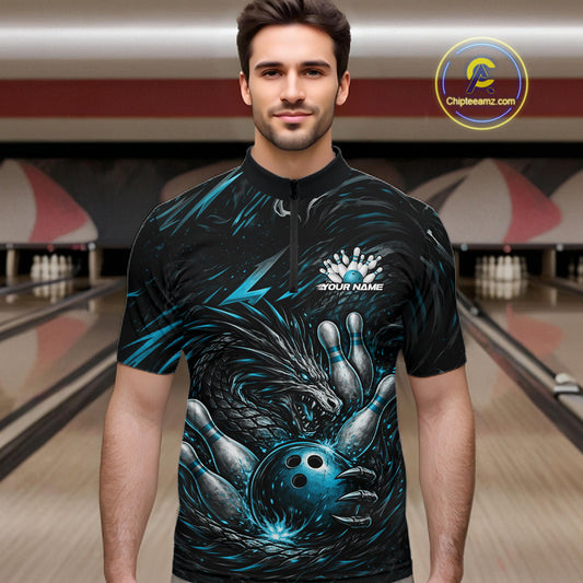 Custom Turquoise Blue Dragon Bowling Jerseys, Dragon Bowling Team Men Quarter-Zip Shirt IPHW10363
