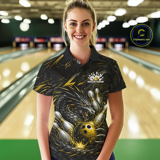 Custom Black And Gold Dragon Bowling Jerseys, Dragon Bowling Team Women Polo Shirt IPHW10364