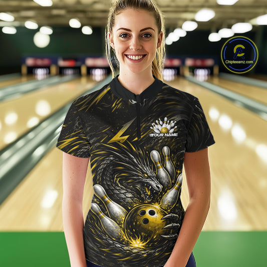 Custom Black And Gold Dragon Bowling Jersey, Dragon Bowling Team Women Quarter-Zip Shirt IPHW10364