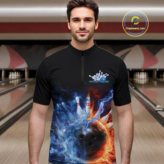 Custom Water And Fire Bowling Team Quarter-Zip Shirts For Men, Thunder Lightning Bowling Uniform IPHW9449