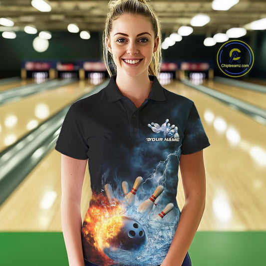 Custom Water And Fire Bowling Team Women Polo Shirts, Thunder Lightning Bowling Uniform IPHW9450