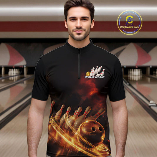 Custom Golden Glowing Effect Light Trails Bowling Team Quarter-Zip Shirts For Men, Bowling Jersey IPHW9452