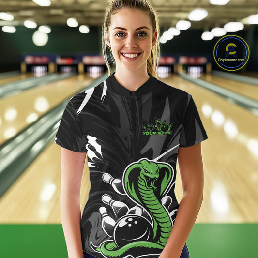 Custom Green Cobra Snake Bowling Team Jerseys, Bowling Quarter-Zip Shirts For Women IPHW9709