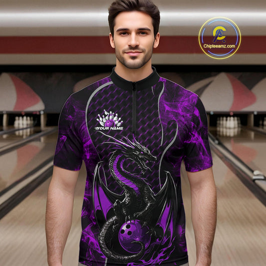 Custom Black And Purple Fire Flame Dragon Bowling Men Quarter-Zip Shirt, Dragon Bowling Jersey IPHW9865