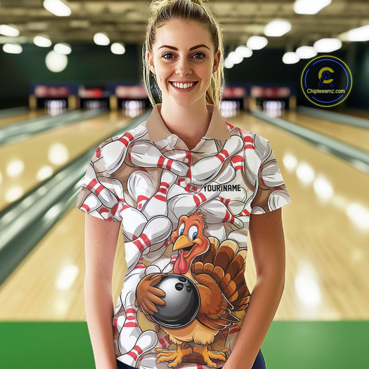 Custom Funny Thanksgiving Turkey Bowling Women Polo Shirts, Thanksgiving Bowlers Outfit IPHW9719