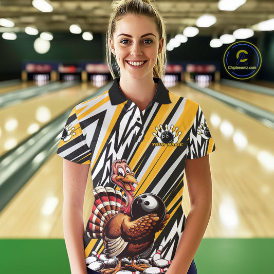 Custom Yellow Funny Thanksgiving Turkey Bowling Team Women Polo Shirts, Bowling Jerseys IPHW9720