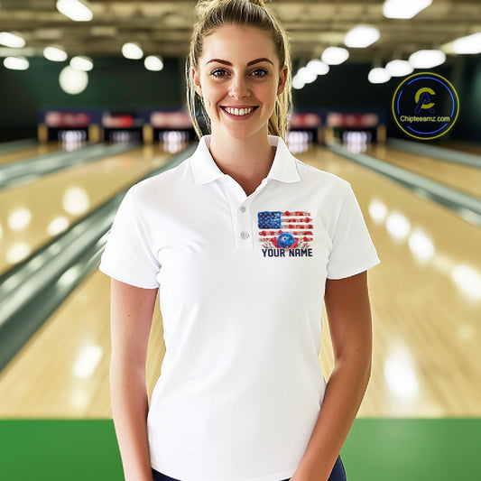 Custom Wild Flower Patriotic US Flag Bowling Polo Shirts For Women, Hippie Bowling Shirt IPHW9753