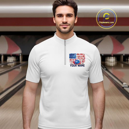 Custom Wild Flower Patriotic US Flag Bowling Quarter-Zip Shirts For Men, Hippie Bowling Shirt IPHW9753