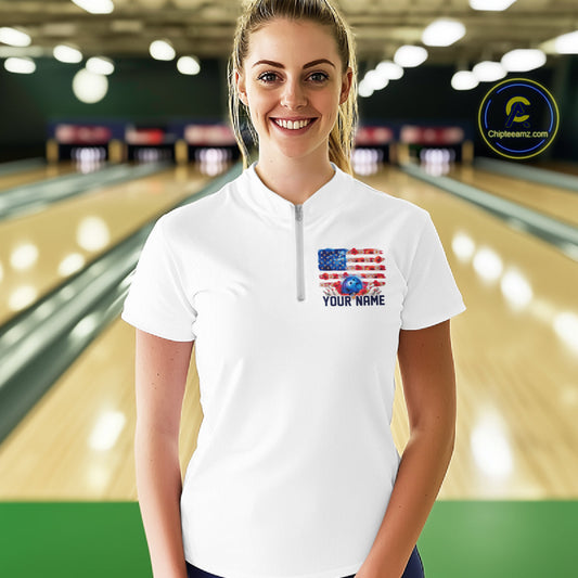 Custom Wild Flower Patriotic US Flag Bowling Women Quarter-Zip Shirt, Hippie Bowling IPHW9753