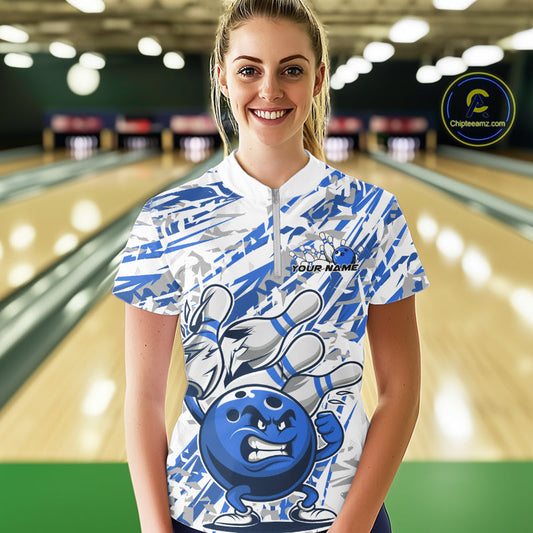 Blue Camo Custom Funny Bowling Women Quarter-Zip Shirts, Bowling Team Tournament Shirt IPHW9398