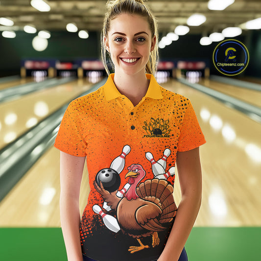 Custom Funny Turkey Bowling Thanksgiving Bowing Outfit Team Polo Shirts For Women IPHW9787
