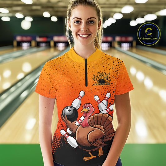 Custom Funny Turkey Bowling Thanksgiving Bowing Outfit Team Quarter-Zip Shirts For Women IPHW9787